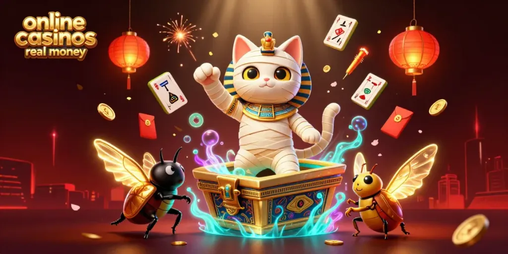 Engage in online casinos real money with our playful Egyptian mummy cat and scarab beetle in a vibrant casino.