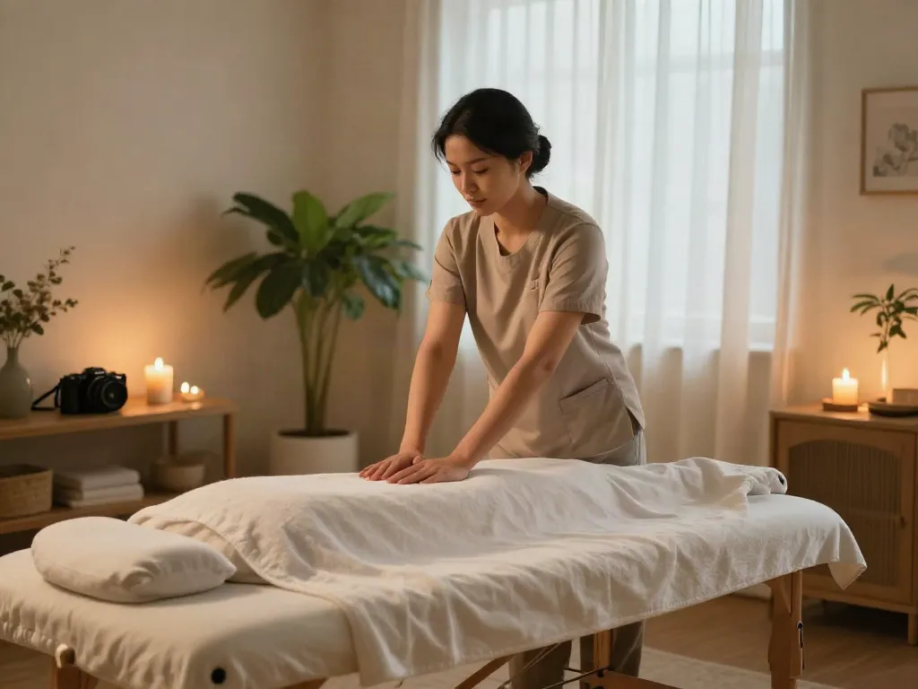 Professional therapist performing 출장안마 in serene home setting, creating a peaceful atmosphere.