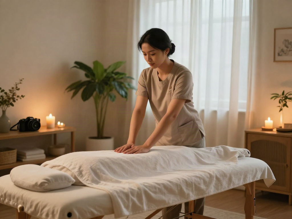 Professional therapist performing 출장안마 in serene home setting, creating a peaceful atmosphere.