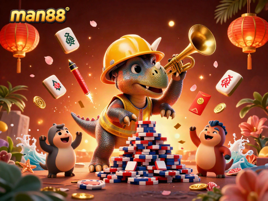 Experience the excitement of man88 with a triceratops building poker chips, celebrating in style.