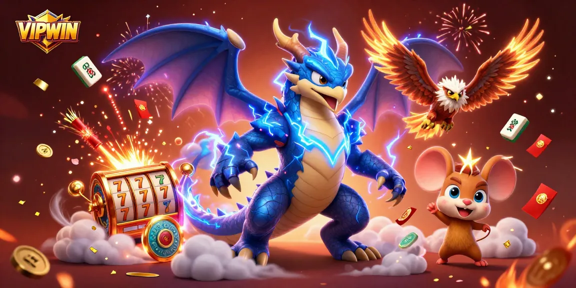 Experience the thrill of VIPWIN with a dynamic 3D casino scene featuring colorful dragons and festive elements.