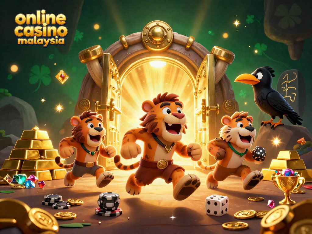 Experience the thrill of online casino Malaysia with an exciting prehistoric casino scene featuring a caveman duo.