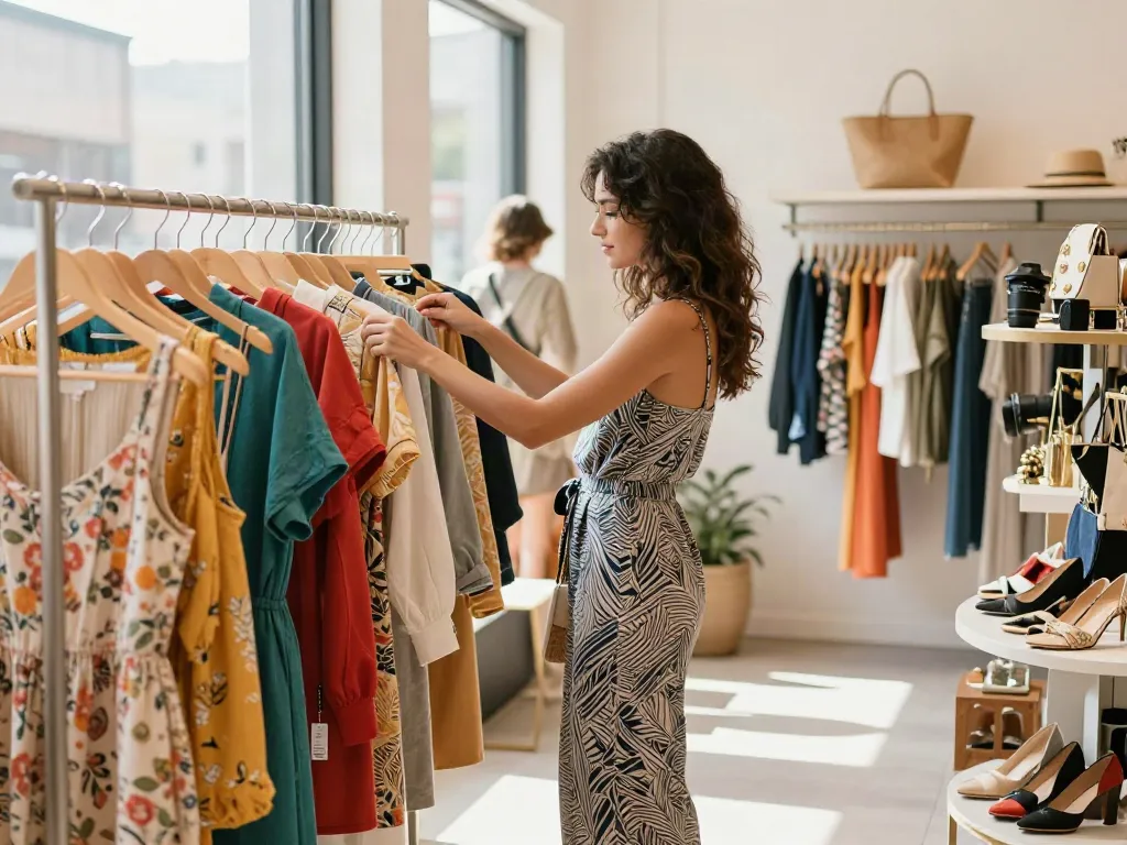 Een vrouw in een stijlvolle jurk en jumpsuit bekijkt de zomercollectie met goedkope dameskleding in een modewinkel.