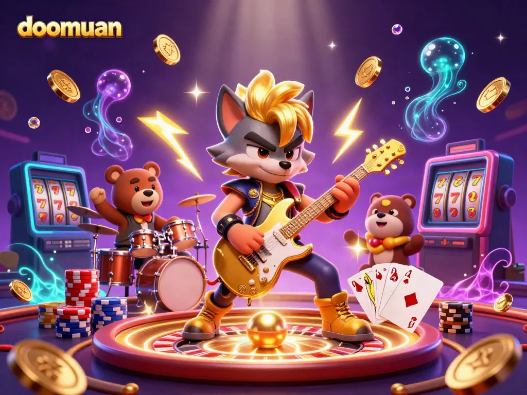 Watch the electrifying performance at doomuan's casino stage with a rock star wolf and drummer bear amidst golden coins and vibrant lights.