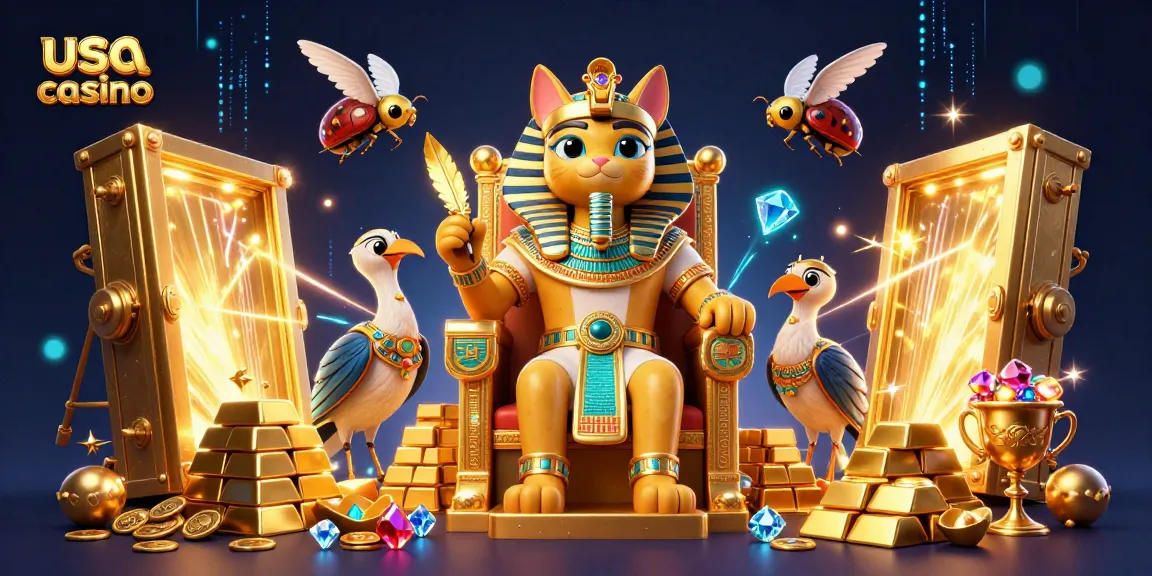 Experience the thrill of winning at usa casino with animated pharaoh cat and treasures.