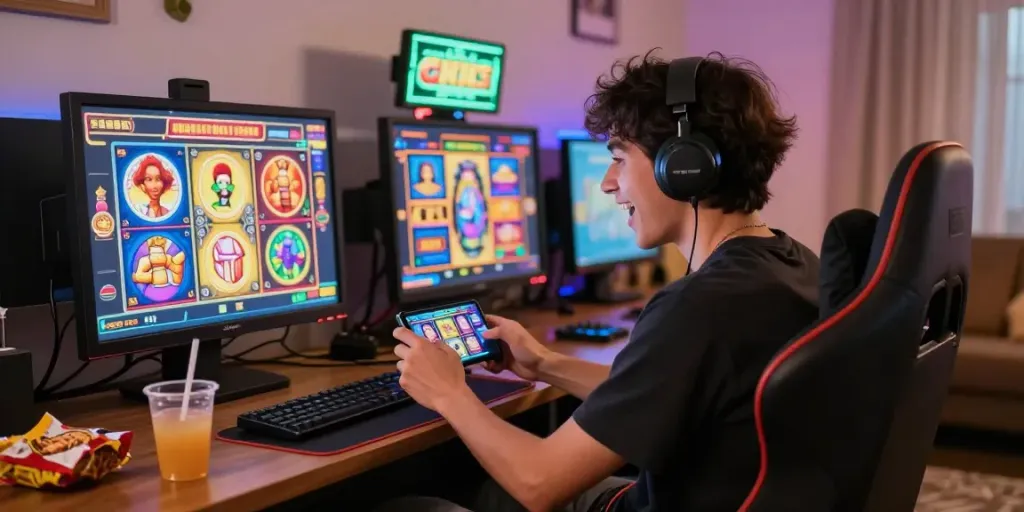 Pengalaman bermain situs slot dengan mesin slot yang berwarna-warni dan suasana yang hangat.