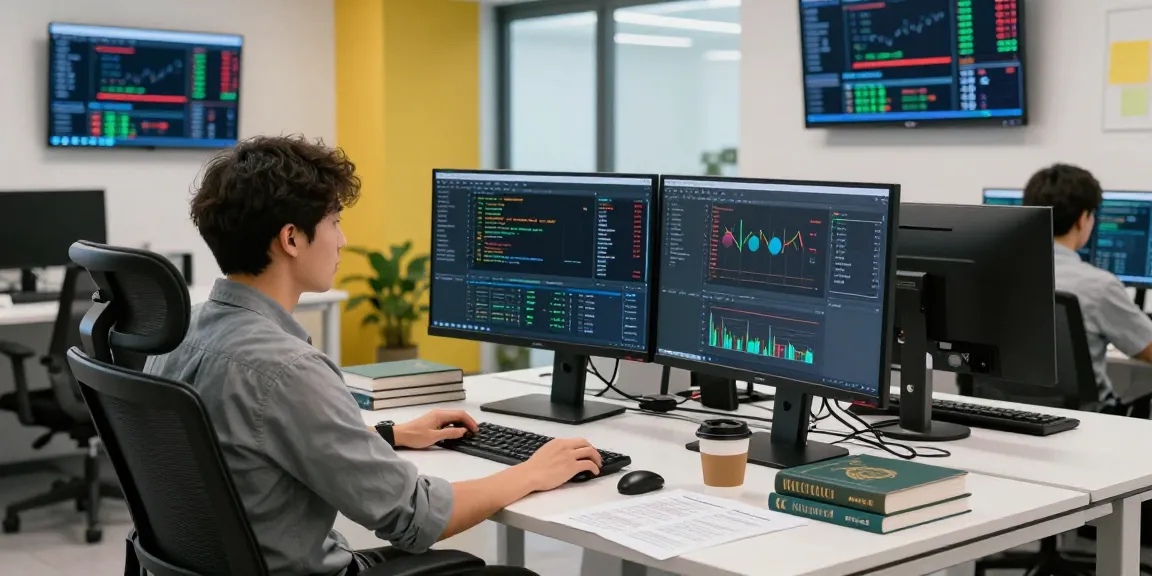 Software engineer analyzing market data on mt5 trading platform in a modern office.