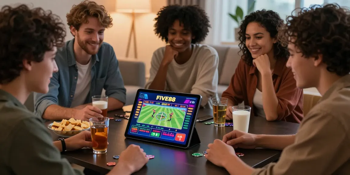 Friends enjoying gaming at https://five888vin.com/ with a tablet displaying vibrant sports and casino visuals.