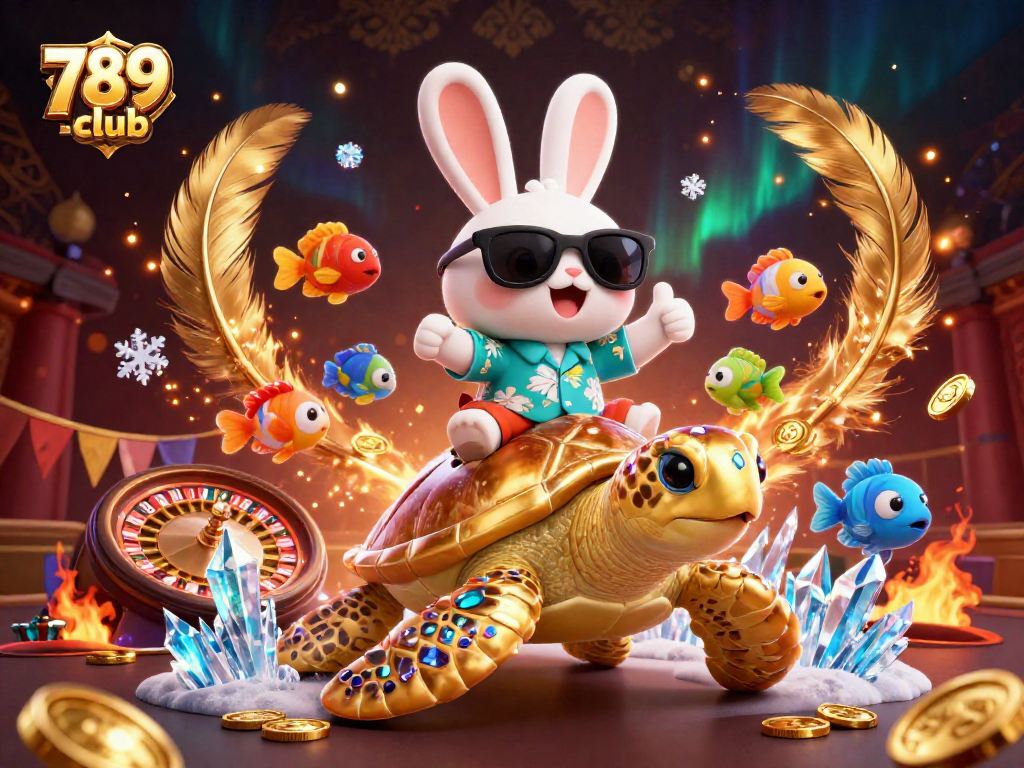 Join the excitement at 789 club with a lively illustration of a lucky rabbit and turtle in a vibrant casino setting.
