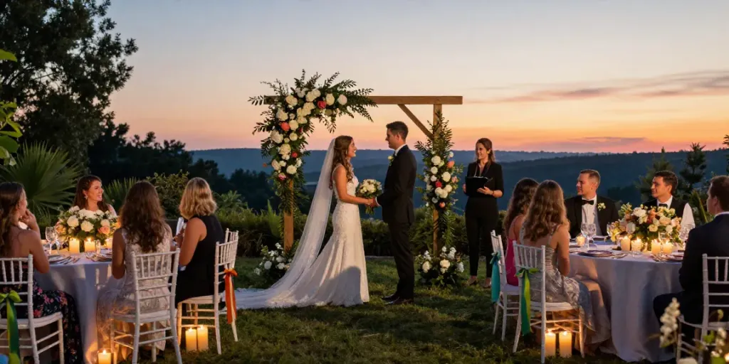 Outdoor wedding ceremony showcasing Event rentals with elegant decor, floral arch, and joyful guests at sunset.