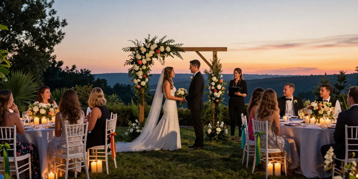 Outdoor wedding ceremony showcasing Event rentals with elegant decor, floral arch, and joyful guests at sunset.