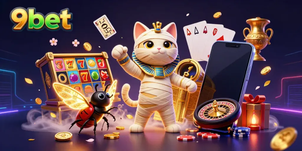 Experience big wins with 9bet in this vibrant, dynamic casino scene featuring exotic characters and games.