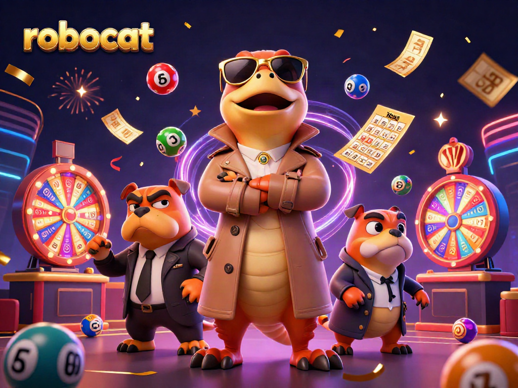 robocat characters engage in lottery excitement with vibrant casino elements surrounding them