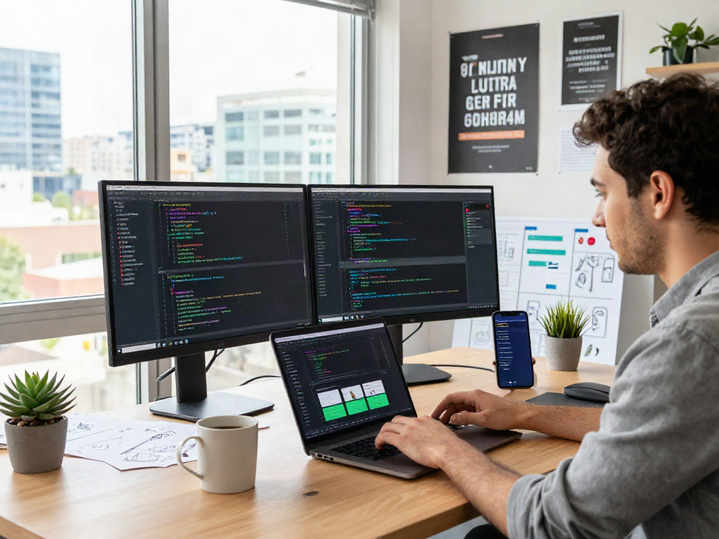 Developer coding gb whatsapp in a modern tech workspace with vibrant screens and natural light.