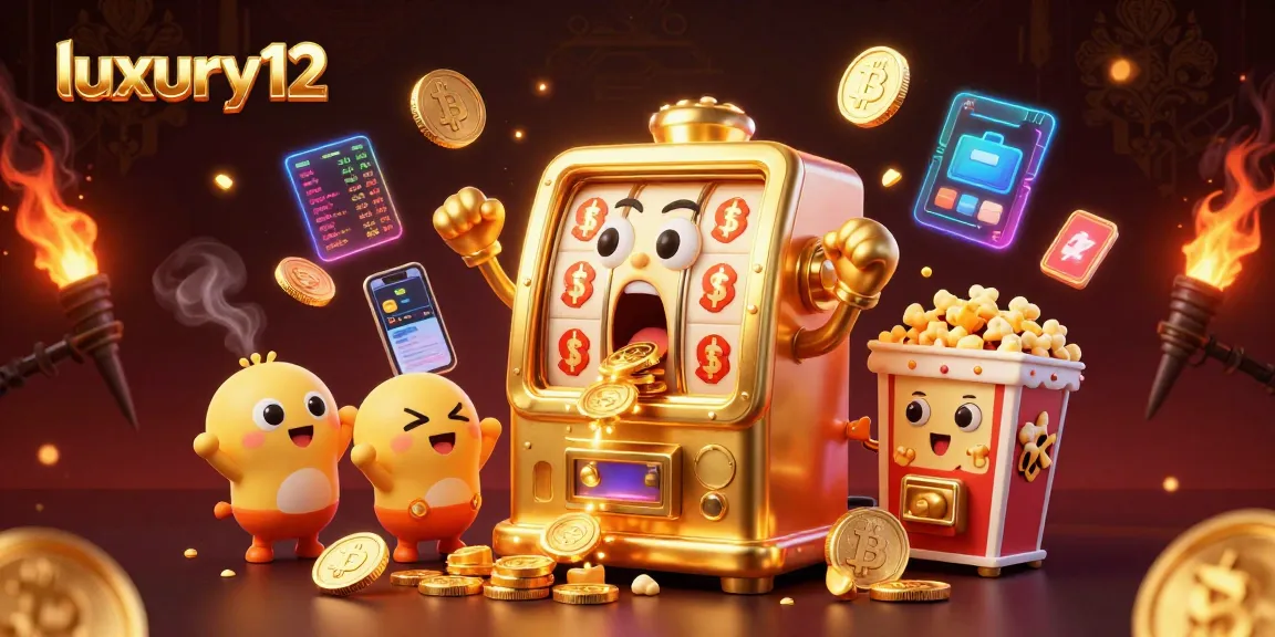 Slot machine luxury12 memicu jackpot dengan koin berkilauan yang keluar, dikelilingi elemen kasino.