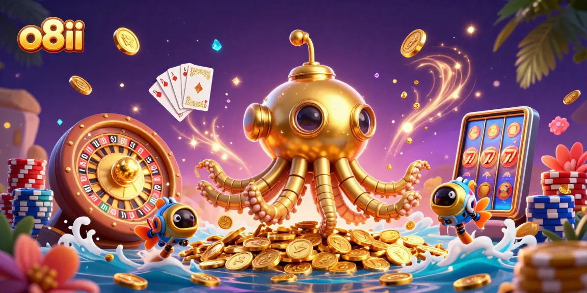 Experience thrill at o8ii with dynamic 3D casino elements and a golden kraken.