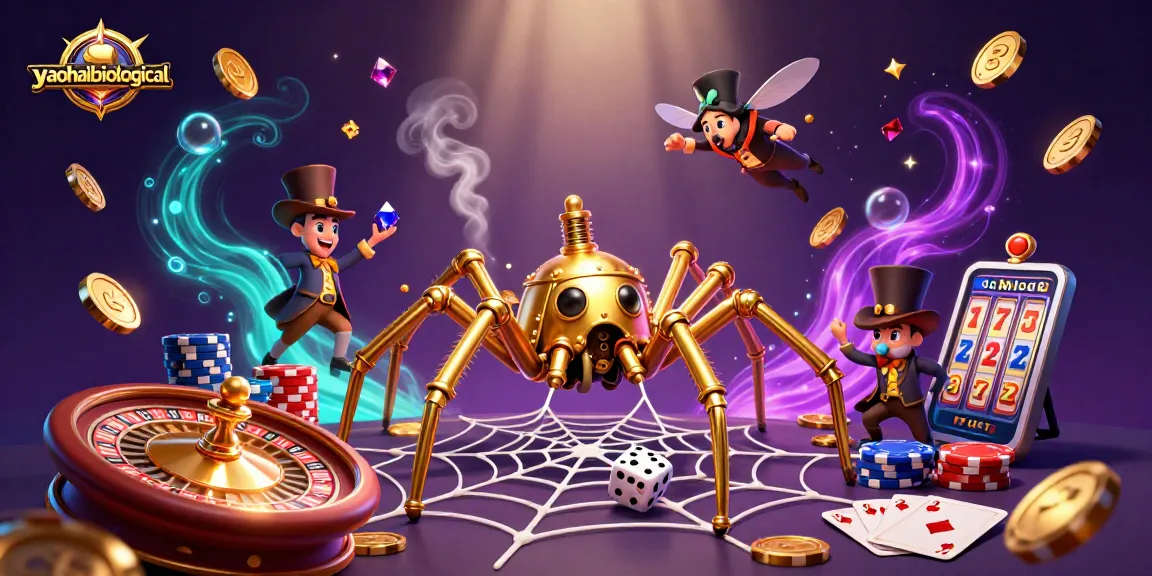 An immersive scene with a steampunk spider in the web collecting dice, representing yaohaibiological's casino strategy.