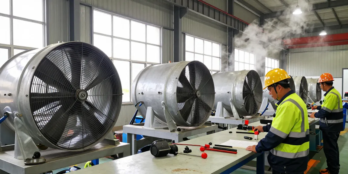 Quạt công nghiệp trong nhà xưởng, công nhân làm việc, không gian sáng sủa.