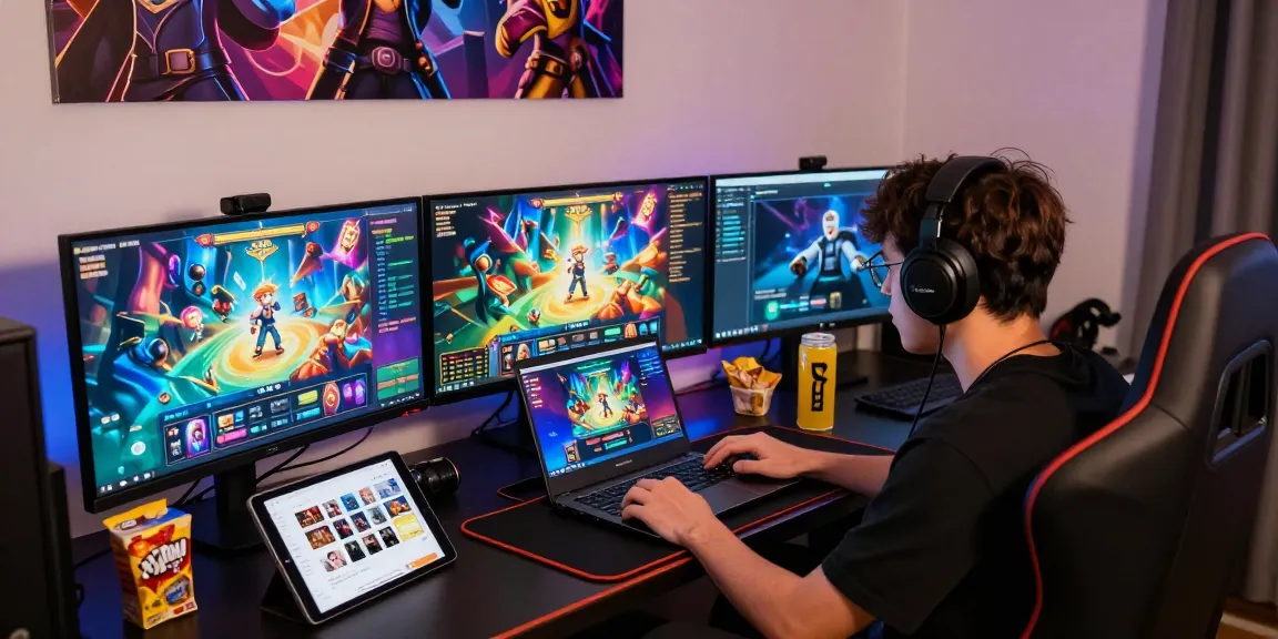Player enjoying slot deposit qris games on laptop with vibrant graphics and snacks in a cozy gaming setup