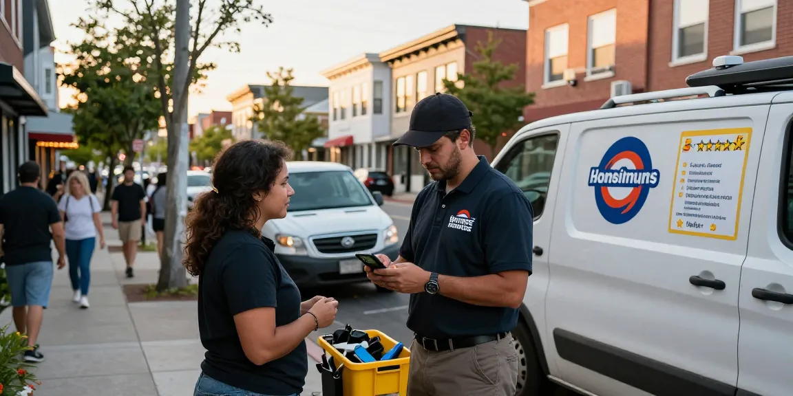 Google Maps SEO services in action as home-service professional engages customers on urban street.