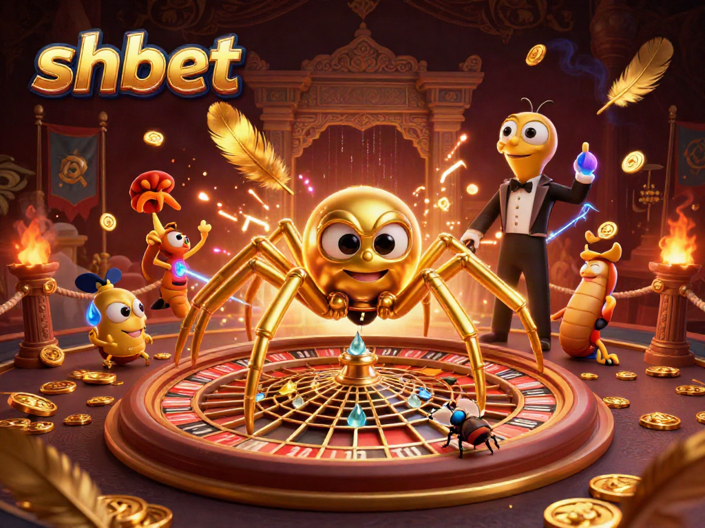 Interactive shbet casino illustration featuring a golden spider and centipede croupier in a vibrant setting.