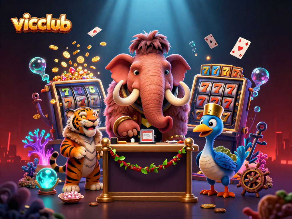 Experience vicclub’s vibrant casino scene with characters interacting amidst dynamic slots and gold.