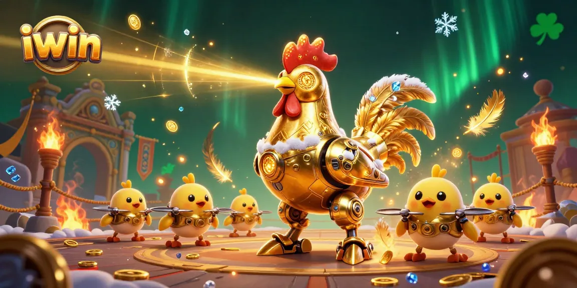 iwin game illustration featuring a golden rooster robot and chick drones in a dynamic casino scene.
