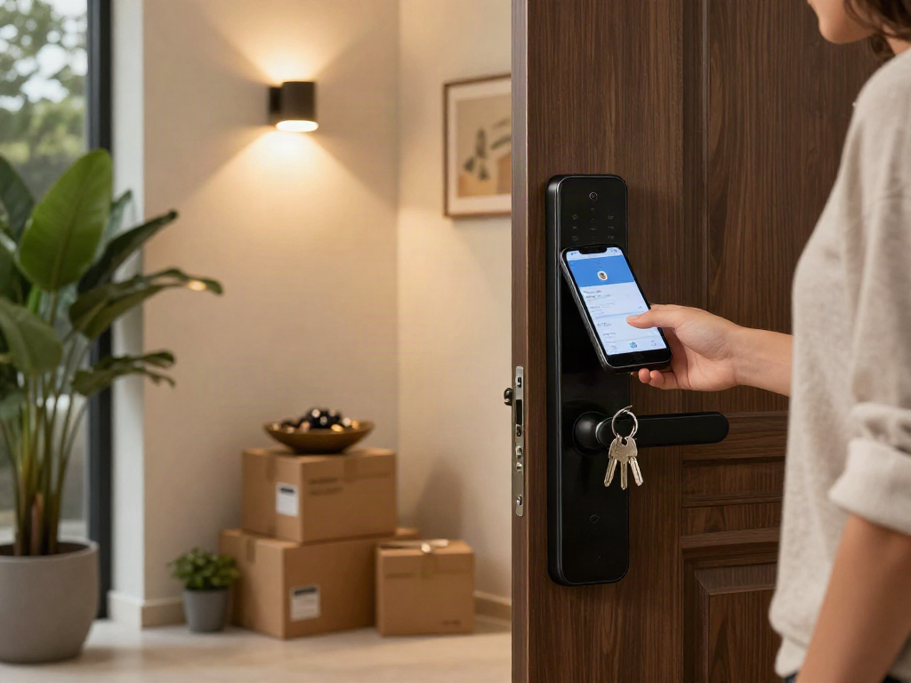 خرید قفل هوشمند demonstrated by a homeowner using smartphone control in a stylish entryway.