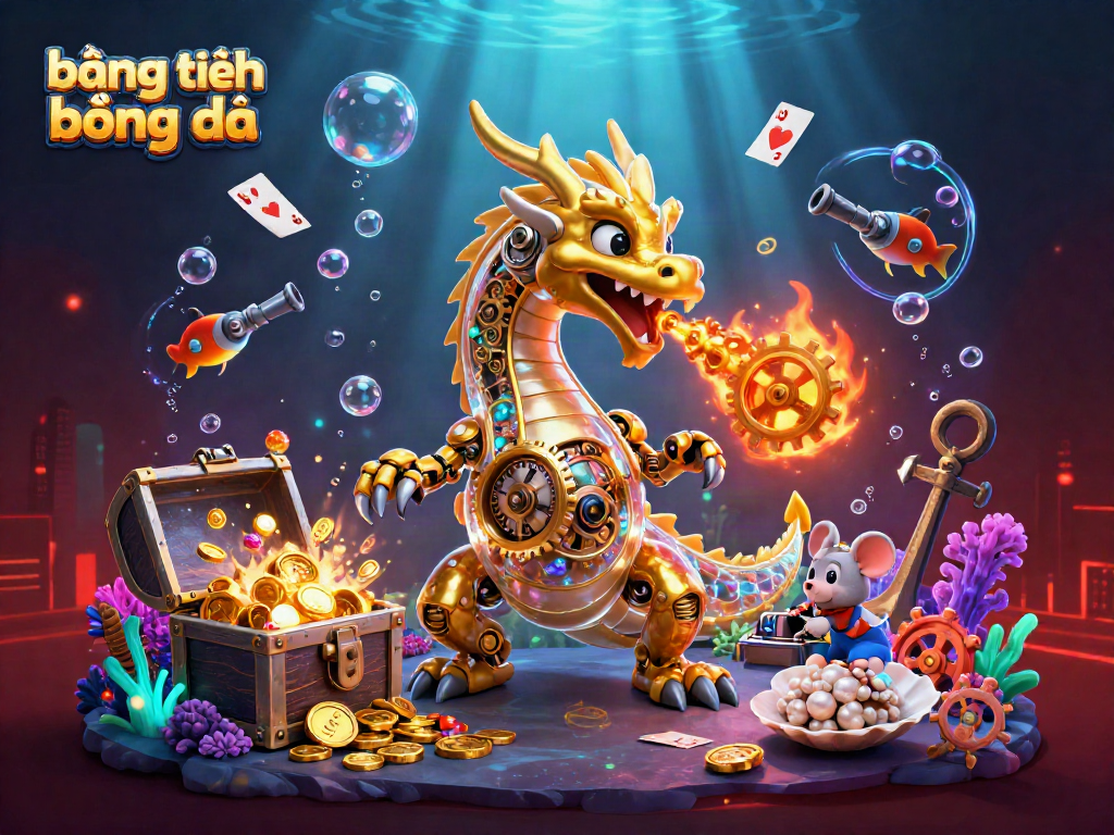 Experience the excitement of bảng xếp hạng bóng đá with a golden dragon and treasures in a thrilling 3D rendering
