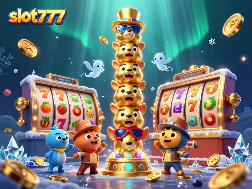 Slot777 totem dengan berbagai simbol slot dan koin emas yang terbang, menciptakan suasana kasino yang hidup.