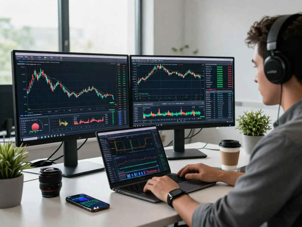 使用 MetaTrader 5 进行交易分析的现代化办公环境，桌面展示实时市场深度图表和交易数据。