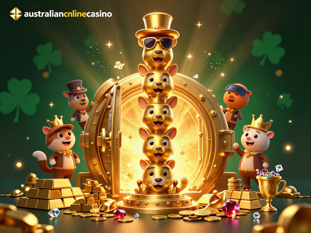 Win big with the vibrant 3D scene at australianonlinecasino, showcasing a golden totem pole amidst glowing treasures.