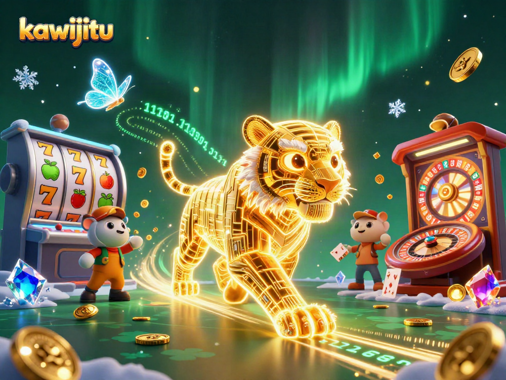 Kawijitu mengungkapkan keseruan permainan kasino dengan simbol slot dan karakter berenergi.