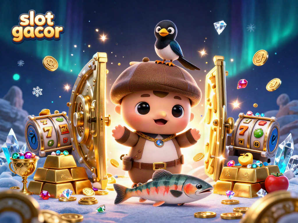 Temukan slot gacor yang menarik dalam ilustrasi kasino dengan karakter lucu dan elemen berkilau.