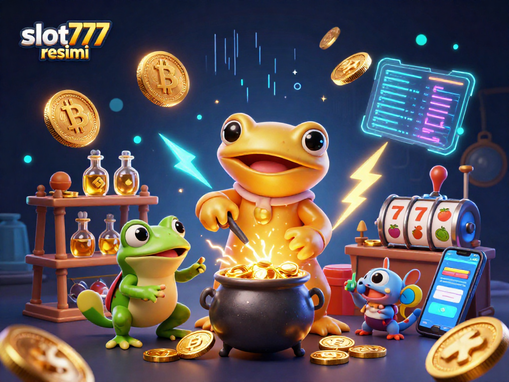 Spin and win with slot777 resmi in this vibrant casino-themed illustration showcasing gold and crypto elements.