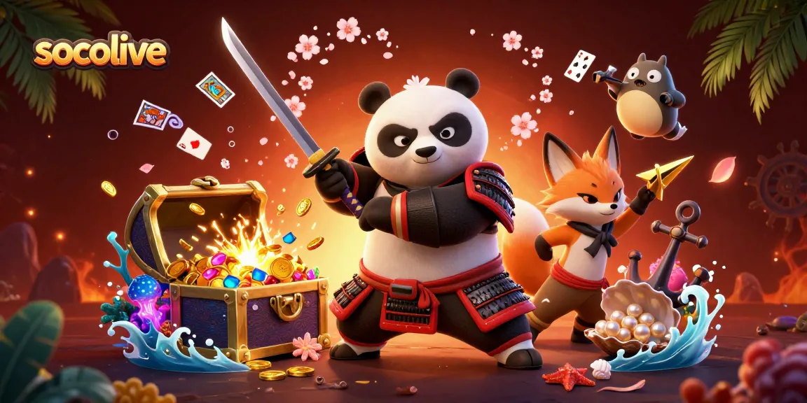 Socolive showcases a dynamic scene with a samurai panda and ninja fox in a vibrant underwater treasure setting.