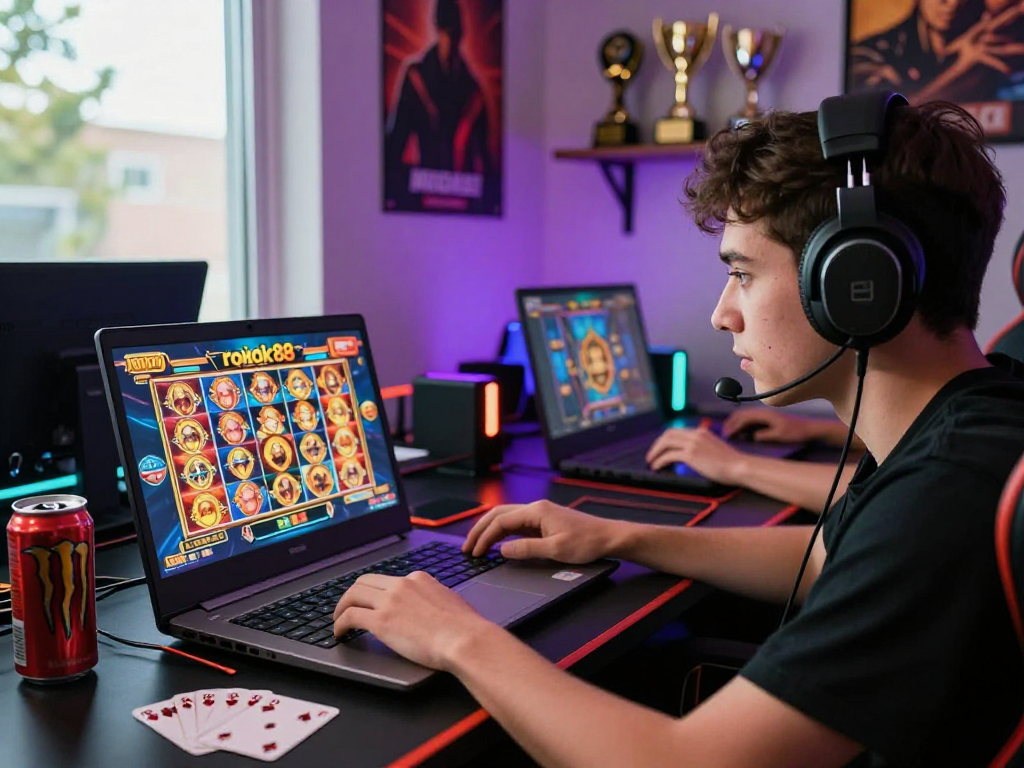 Engaging scene of a player focused on the rokok88 slot game on a laptop in a vibrant gaming den, showcasing modern online gaming culture.