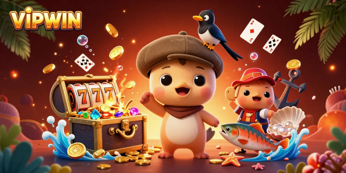 Engage with VIPWIN's vibrant underwater casino adventure featuring playful characters and gold treasures