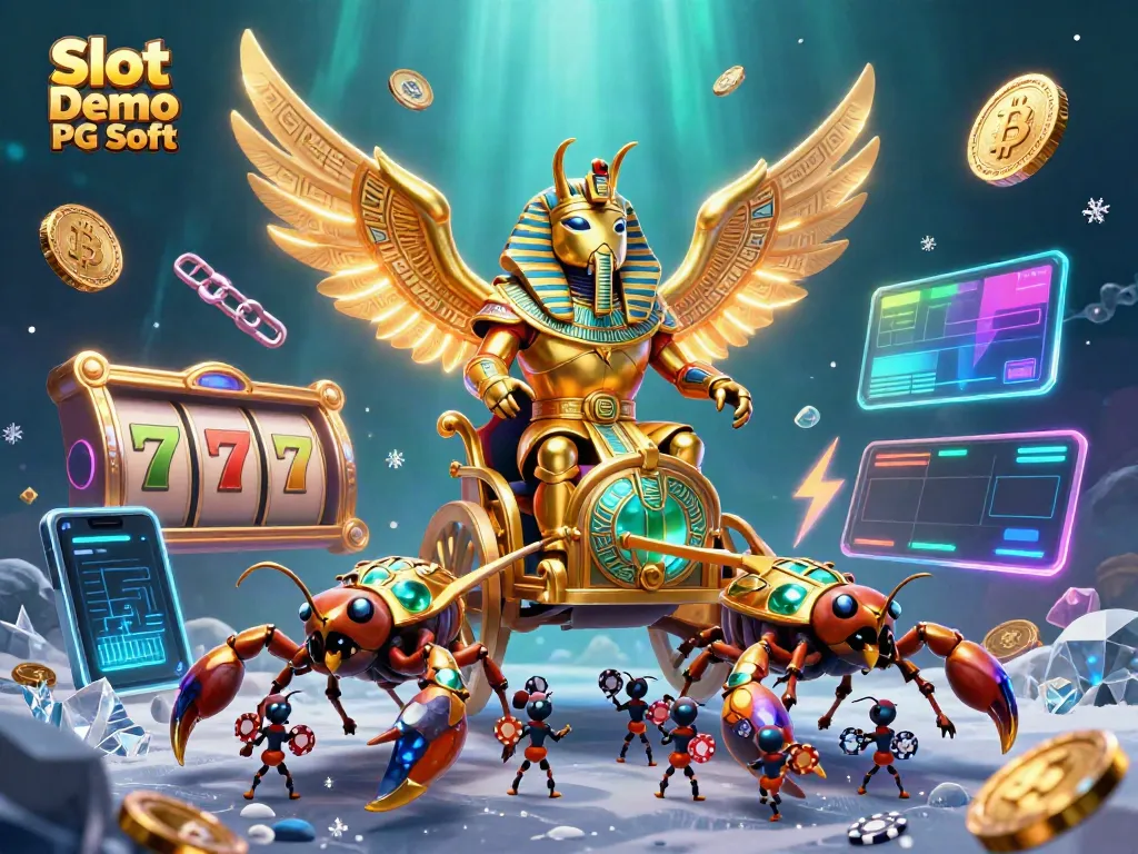 Engaging Slot Demo PG Soft with a stylized 3D scarab and scorpions amidst vibrant coins.
