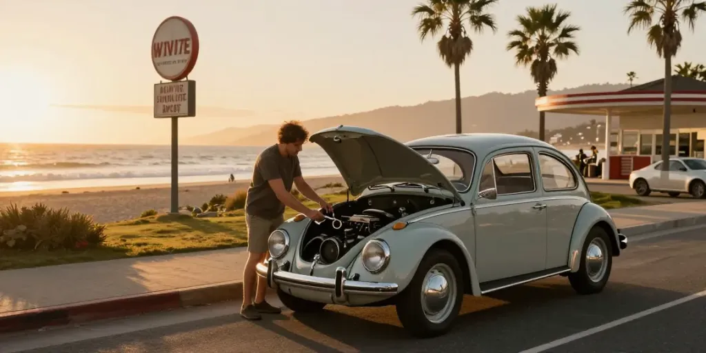 Explore classic VW air-cooled vehicles at http://www.aircooledapps.com during a scenic sunset.