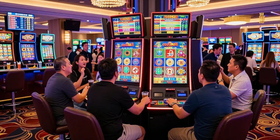 Excited players enjoying the vibrant rokok88 slot machine game in a lively casino.