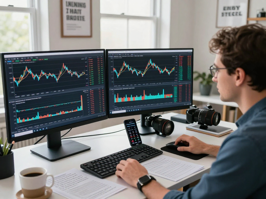 在实时交易环境中，用户使用TradingView分析多个图表，营造专注的交易氛围。