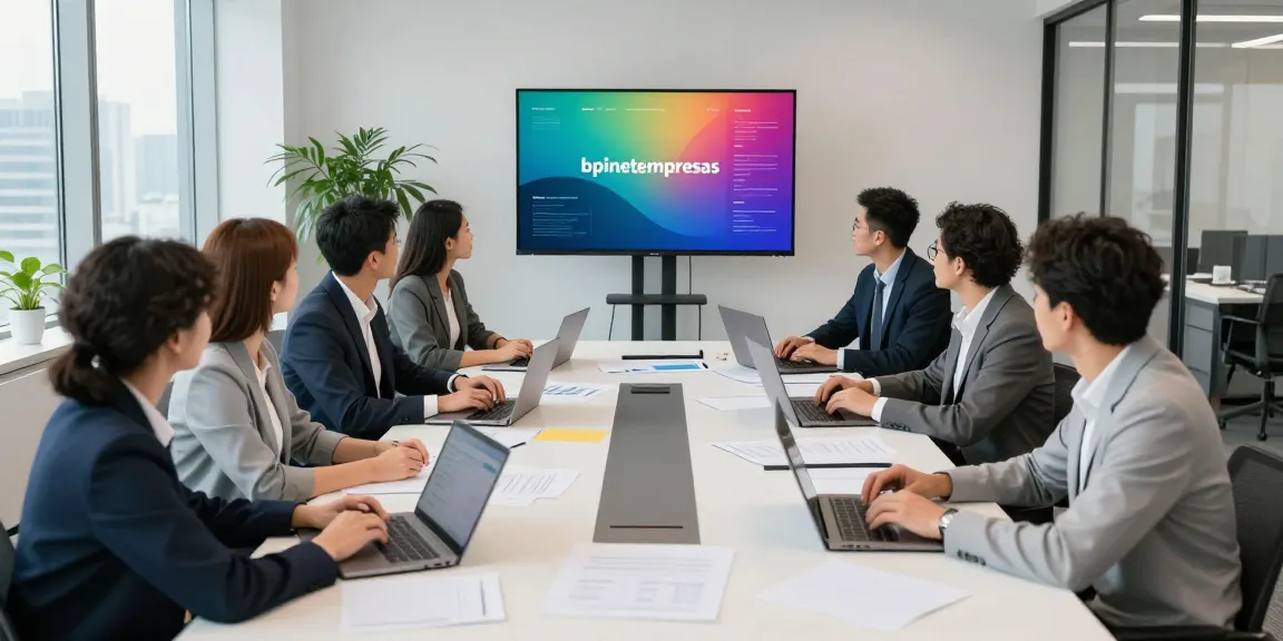 Team collaborating in a modern office discussing bpinetempresas strategies.