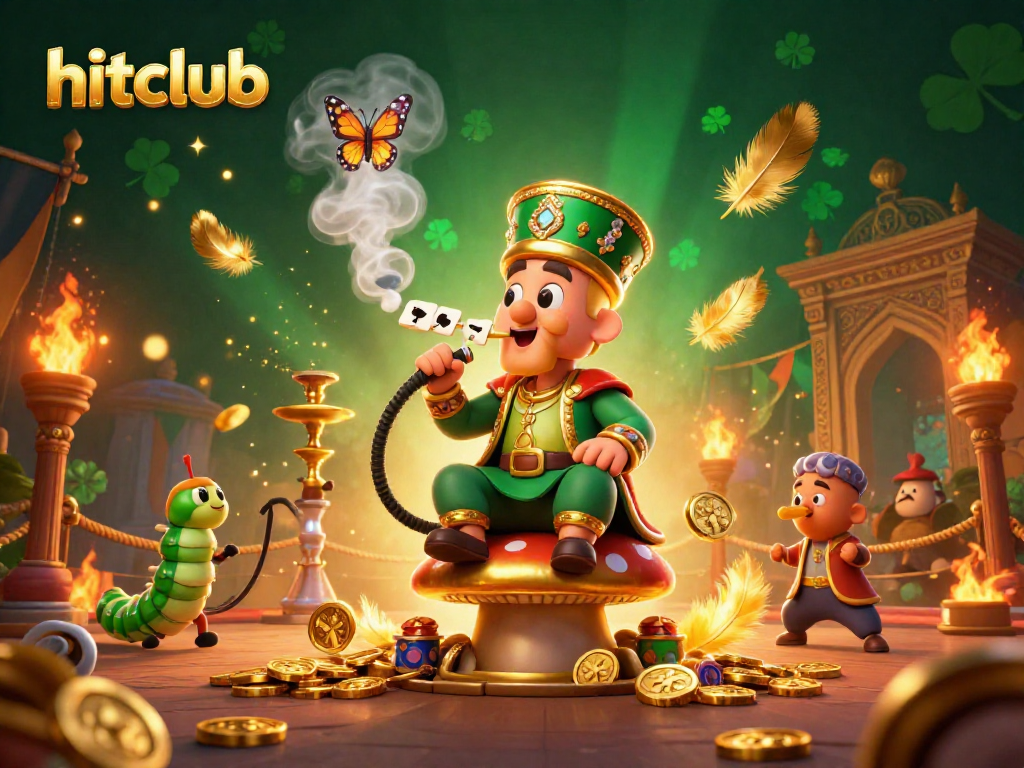 Experience the vibrant hitclub scene with a masterful caterpillar and gaming symbols.