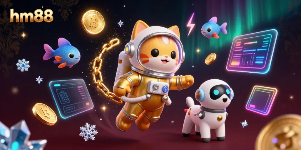 Engage with exciting gaming experiences at hm88, featuring a cosmic astronaut cat and robot dog in a vibrant casino setting.