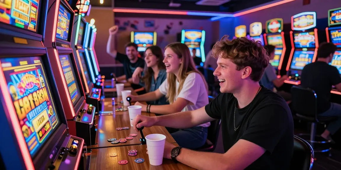 Excited players engaging with เกมสล็อต in a colorful arcade environment, showcasing a lively gaming experience.