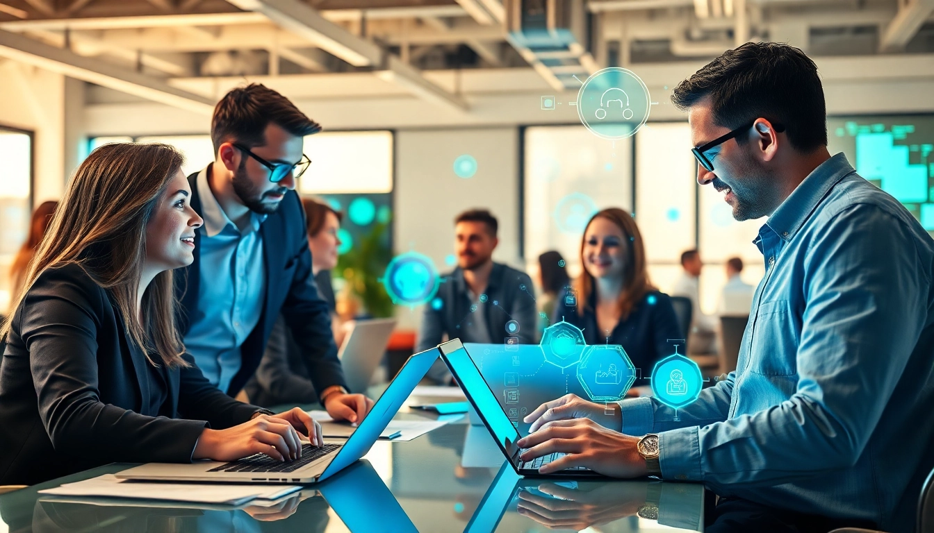 AI agents assisting users in a collaborative workspace with advanced tools and technology.