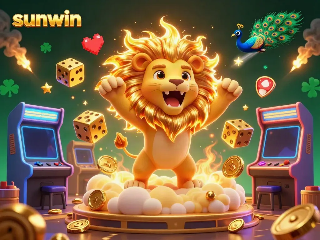 Experience sunwin's vibrant gaming world with a roaring sun lion and golden dice in a dynamic casino scene.