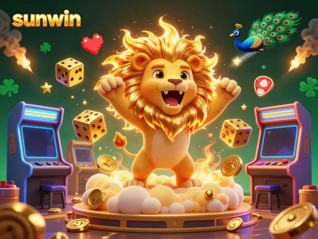 Experience sunwin's vibrant gaming world with a roaring sun lion and golden dice in a dynamic casino scene.