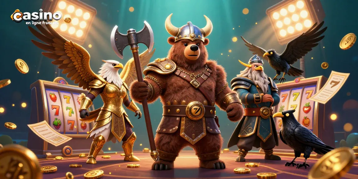 Gagnez avec le jeu de casino en ligne français illustré par un ours viking et des éléments dynamiques.